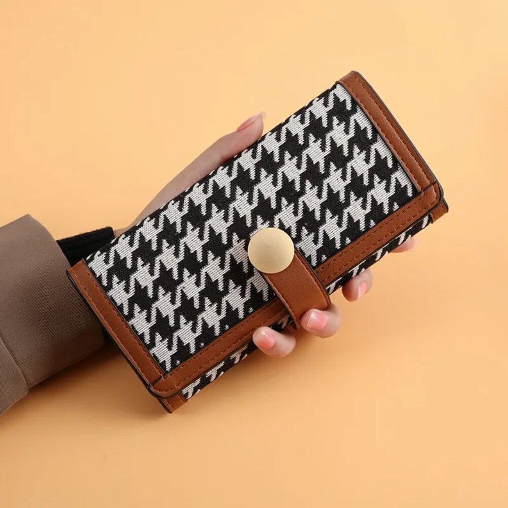 2/$30 Vintage Houndstooth Check Long Trifold Wallet Cognac Leather Trim